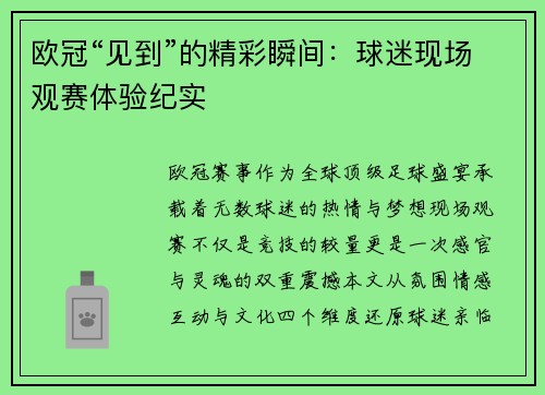 欧冠“见到”的精彩瞬间：球迷现场观赛体验纪实